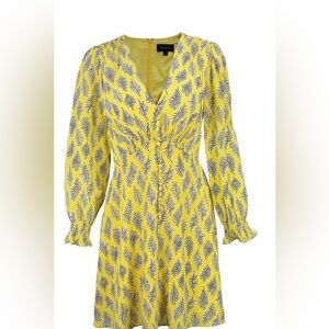 Saloni Silk Midi Eve Dress in Yellow, Long Sleeves, US Size 10